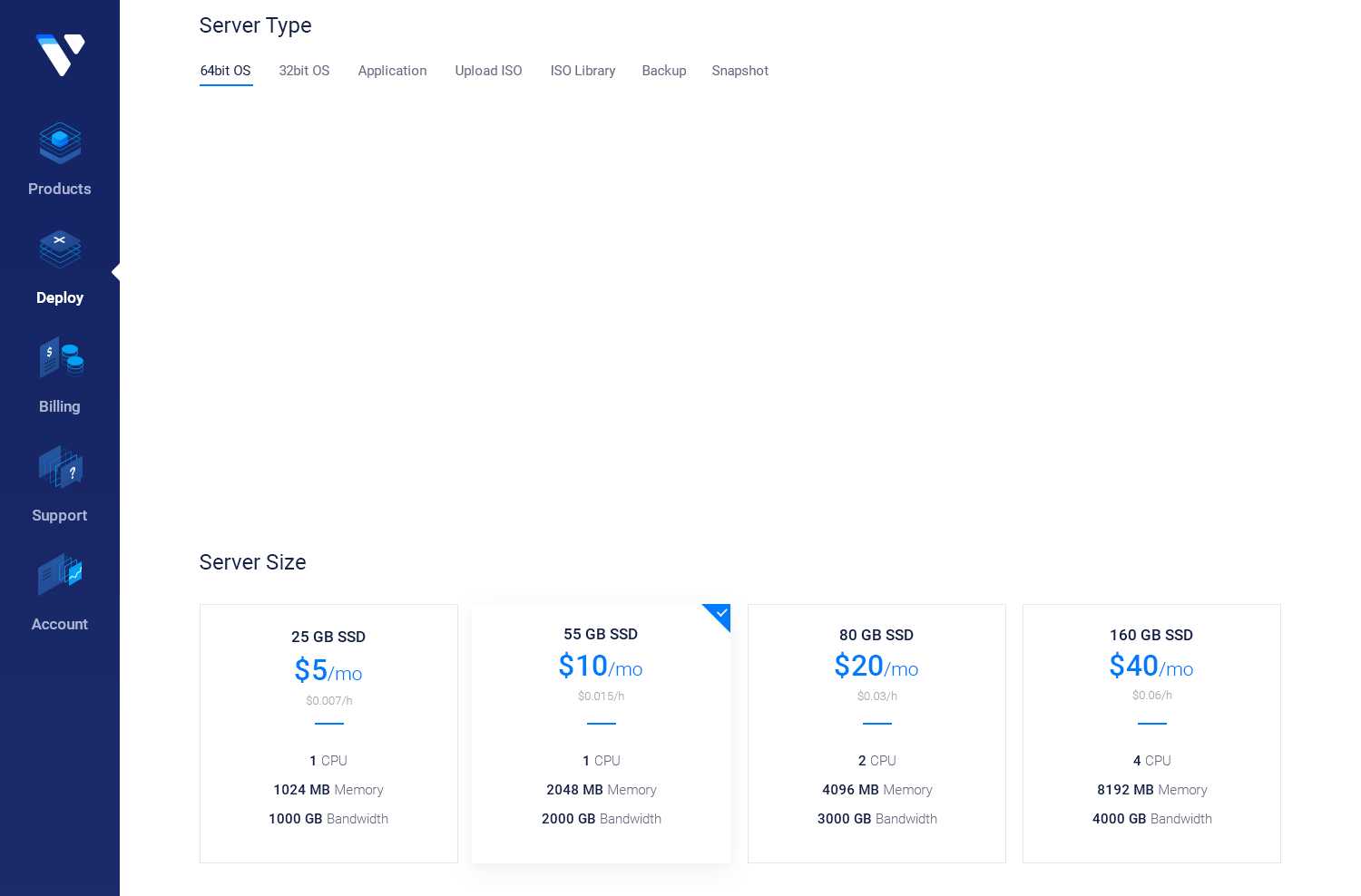 Preview of the Vultr server deploy page control panel for Windows Core on a web browser.