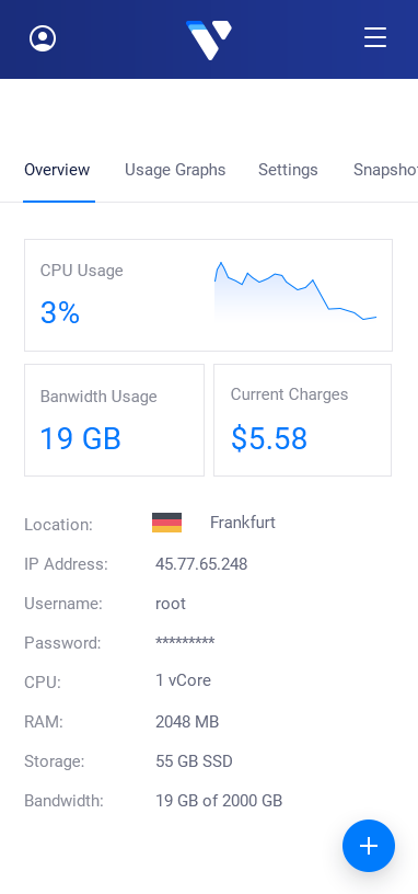 Preview of the Vultr management interface for Windows on a mobile device.